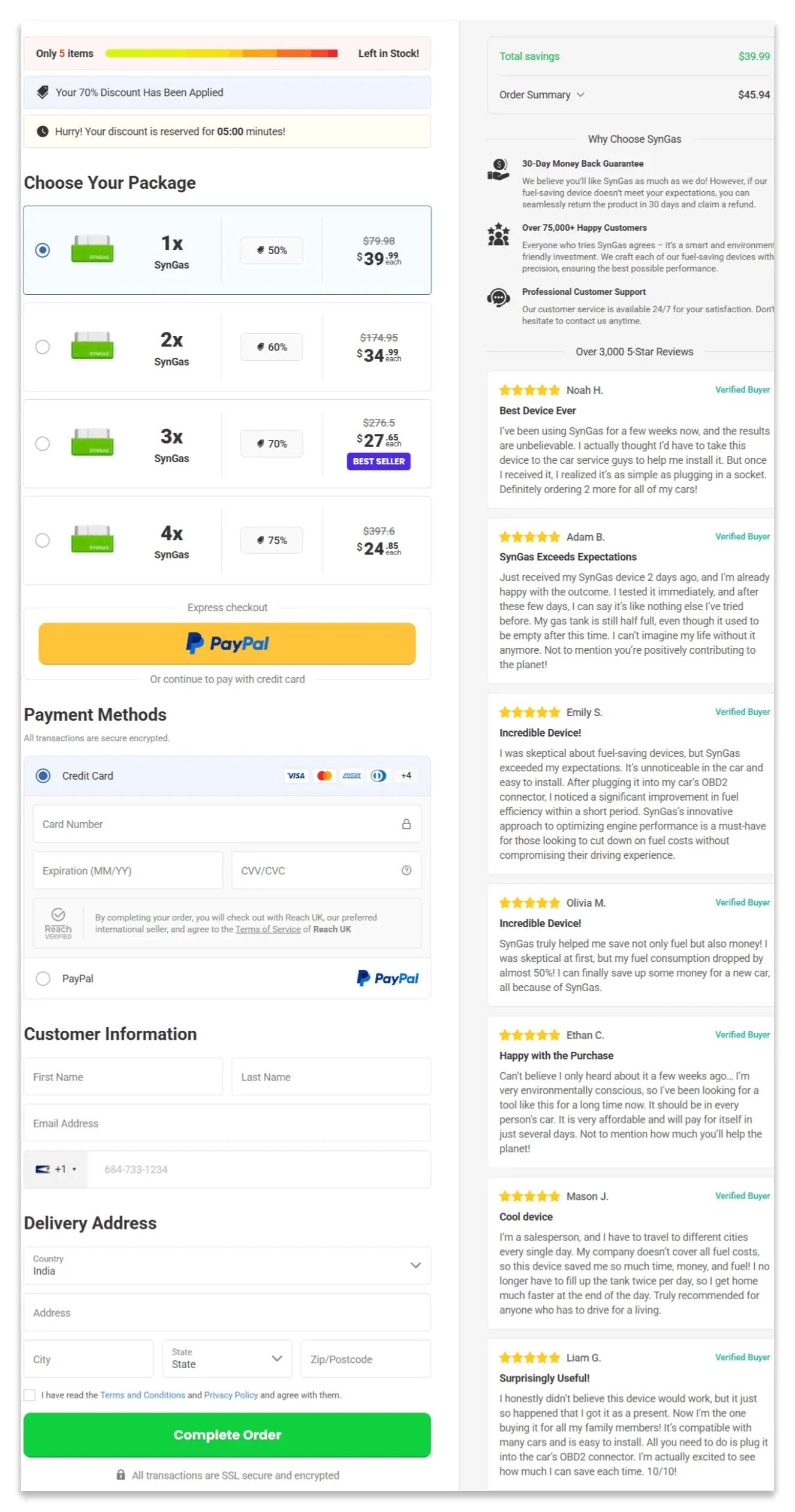 SynGas OBD Fuel Saver Secure Checkout Page